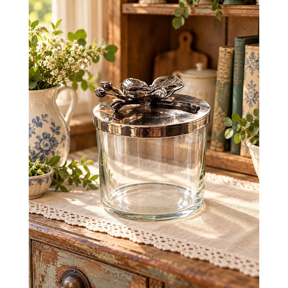 Michael Aram Black Orchid Glass Canister Jar with Floral Metal Lid Signed